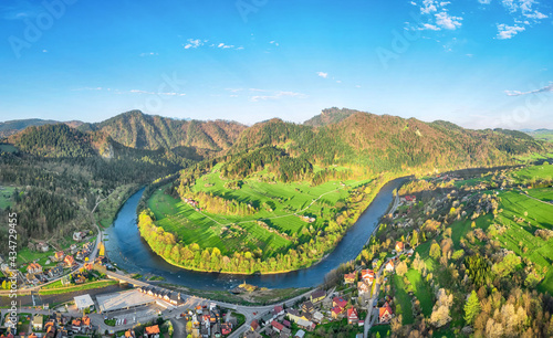 Aerial view of bend of Dunajec river and Sokolica mountain from Szczawnica, Pieniny, Poland photo