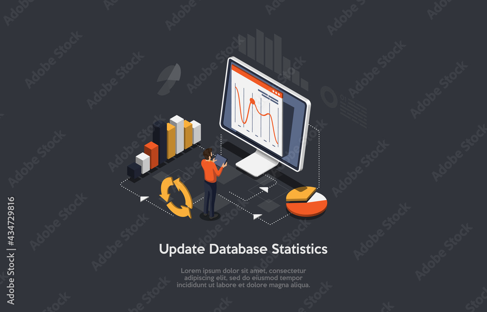 Vector 3D Illustration. Cartoon Isometric Design With Infographics. Update Database Statistics Concept Art. Laptop With Information On Screen, Man Standing Near. Charts, Graphs Elements, Signs Around Vector 3D Illustration. Cartoon Isometric Design With Infographics. Update Database Statistics Concept Art. Laptop With Information On Screen, Man Standing Near. Charts, Graphs Elements, Signs Around