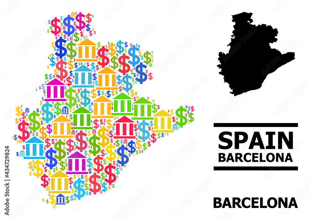 Fototapeta premium Vibrant bank and commerce mosaic and solid map of Barcelona Province. Map of Barcelona Province vector mosaic for promotion campaigns and promotion.
