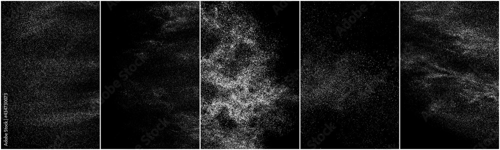 Obraz premium Set of distressed white grainy texture. Dust overlay textured. Grain noise particles. Snow effects pack. Rusted black background. Vector illustration, EPS 10. 