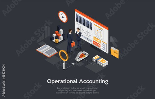3d Composition, Vector Isometric Art. Cartoon Style. Operational Accounting Idea. Elements And Writings. Two Businessmen Standing. Infographics Objects. Business Strategy Discussion, Workflow Process