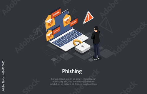 3d Composition, Vector Isometric Art. Cartoon Style. Online Internet Phishing Danger Idea. Elements And Writings. Hacker In Black Standing Near Laptop With Lock. Warning Signs Around, Infographics