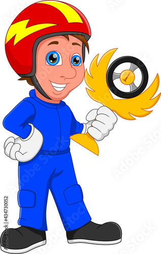 Cartoon Car racing athlete to be champion and holding trophy