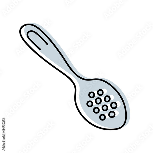 Spoon with holes. Kitchenware sketch. Doodle line vector kitchen utensil and tool. Cutlery illustration