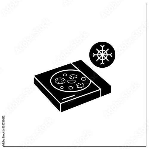 Frozen pizza glyph icon. Tasty food in carton box. Protection, tampering resistance from bacteria. Packing food concept. Filled flat sign. Isolated silhouette vector illustration