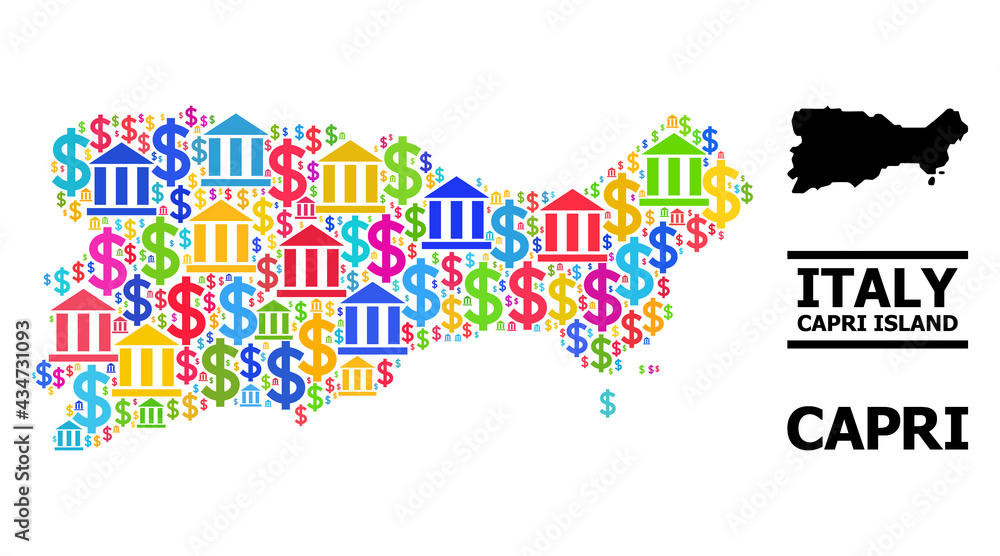 Colorful bank and commerce mosaic and solid map of Capri Island. Map of Capri Island vector mosaic for advertisement campaigns and agitation. Colorful bank and commerce mosaic and solid map of Capri Island. Map of Capri Island vector mosaic for advertisement campaigns and agitation.