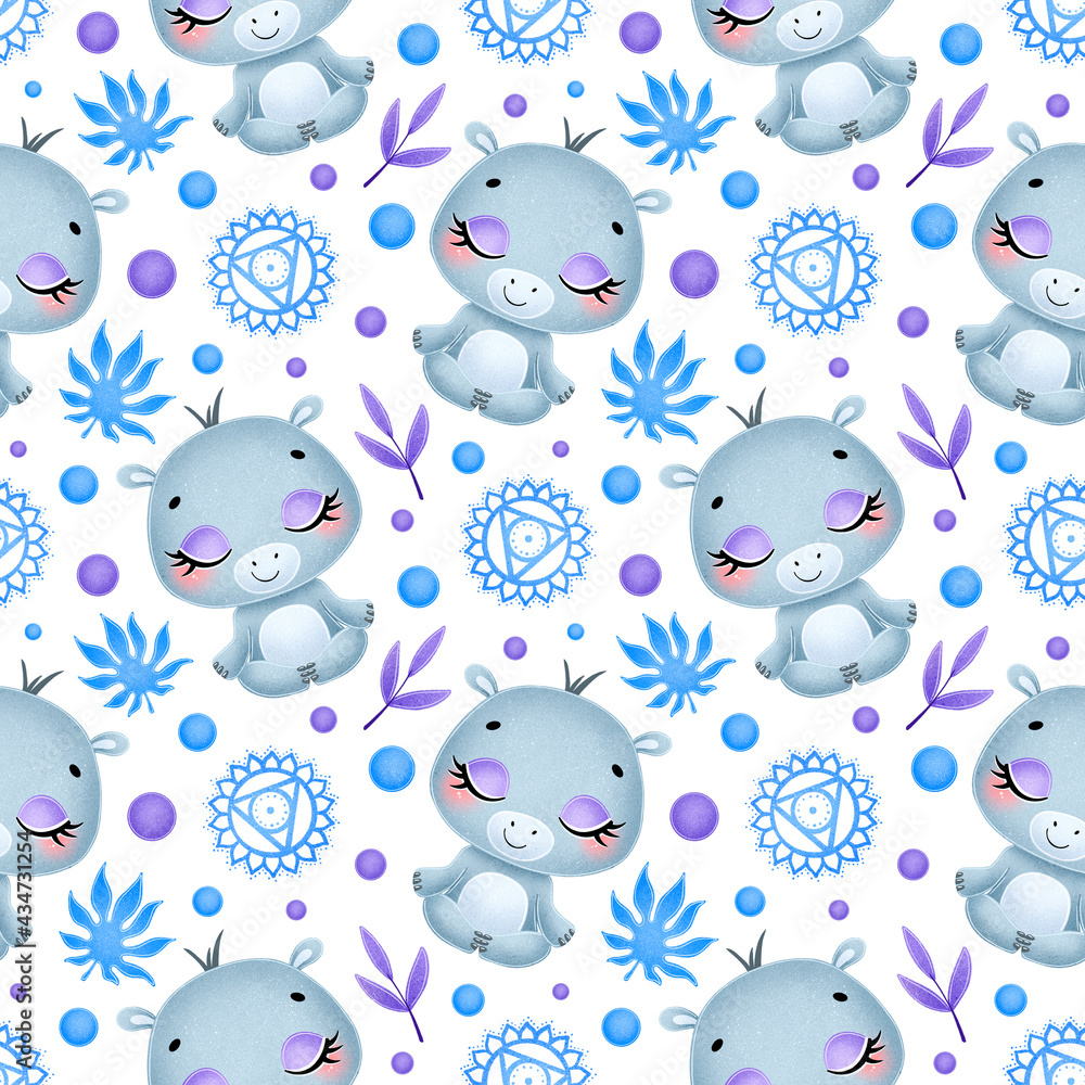 Fototapeta premium Cute cartoon jungle animals meditation seamless pattern. Yoga animals pattern. Hippopotamus meditates pattern.