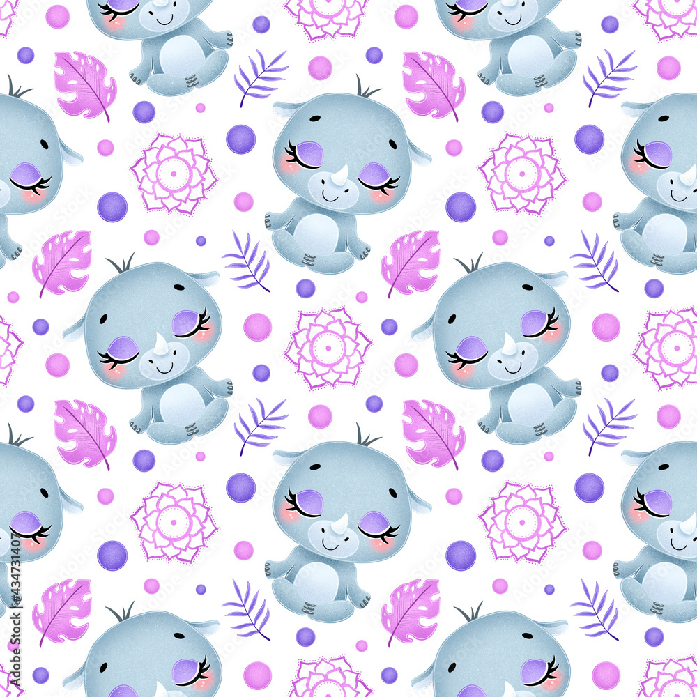 Cute cartoon jungle animals meditation seamless pattern. Yoga animals pattern. Rhino meditates pattern.