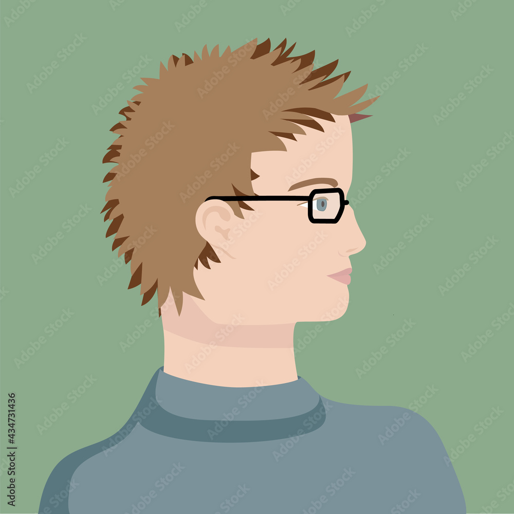 Portrait of a brown short haired caucasian young man with glasses. The head of a European boy in profile. Social Media Avatar. Vector Flat Illustration Portrait of a brown short haired caucasian young man with glasses. The head of a European boy in profile. Social Media Avatar. Vector Flat Illustration