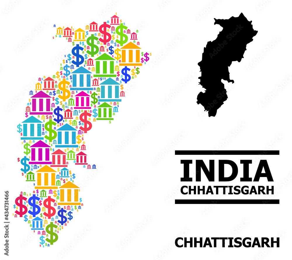 Bright colored finance and commerce mosaic and solid map of Chhattisgarh State. Map of Chhattisgarh State vector mosaic for business campaigns and applications.