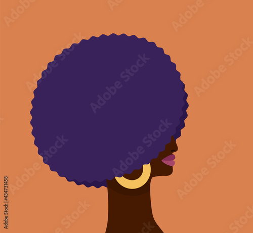 Stylish profile portrait of an African woman with voluminous hairstyle that hides the eyes. Vector flat illustration.