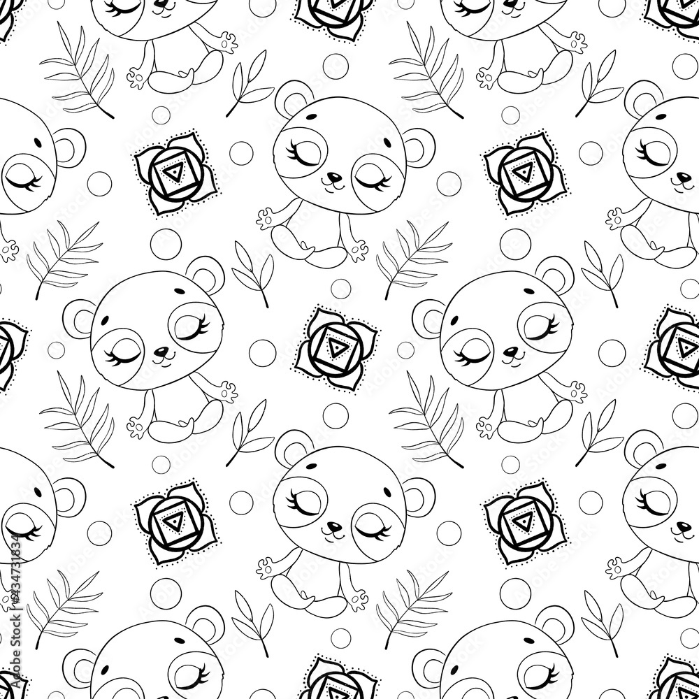 Cute cartoon jungle animals meditation seamless pattern. Doodle yoga animals pattern. Panda bear meditates pattern. Coloring page
