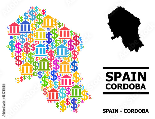 Multicolored bank and dollar mosaic and solid map of Cordoba Spanish Province. Map of Cordoba Spanish Province vector mosaic for advertisement campaigns and posters.