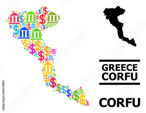 Bright colored financial and business mosaic and solid map of Corfu Island. Map of Corfu Island vector mosaic for business campaigns and purposes.
