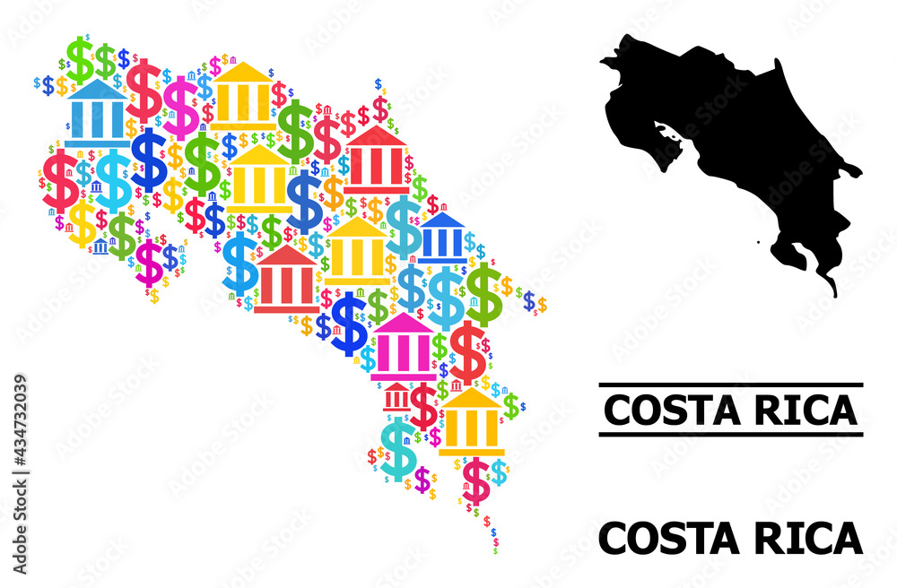 Obraz premium Bright colored bank and business mosaic and solid map of Costa Rica. Map of Costa Rica vector mosaic for GDP campaigns and projects.