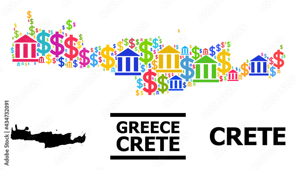Bright colored bank and dollar mosaic and solid map of Crete Island. Map of Crete Island vector mosaic for advertisement campaigns and promotion.