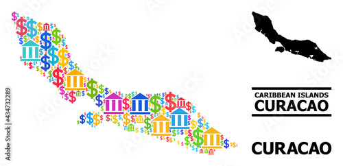 Colored bank and money mosaic and solid map of Curacao Island. Map of Curacao Island vector mosaic for geographic campaigns and posters.