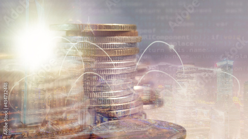 Double exposure of city , network or connection and coins stacked for finance and business concept