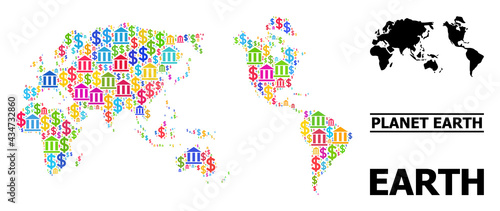 Bright colored bank and economics mosaic and solid map of Earth. Map of Earth vector mosaic for geographic campaigns and propaganda. Map of Earth is designed from colored bank and dollar symbols.