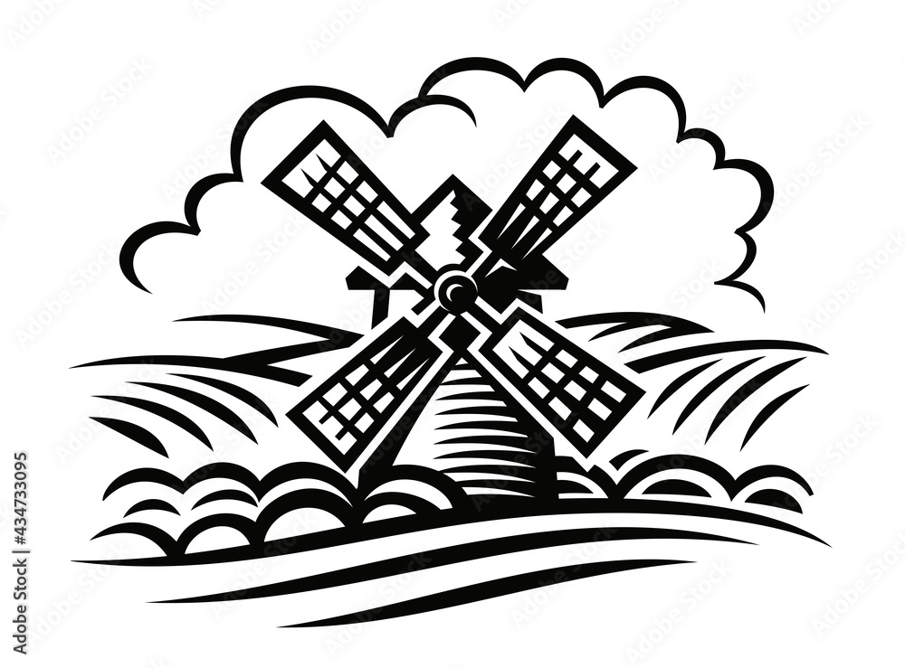 Windmill among hills and fields with clouds - obrazy, fototapety, plakaty 