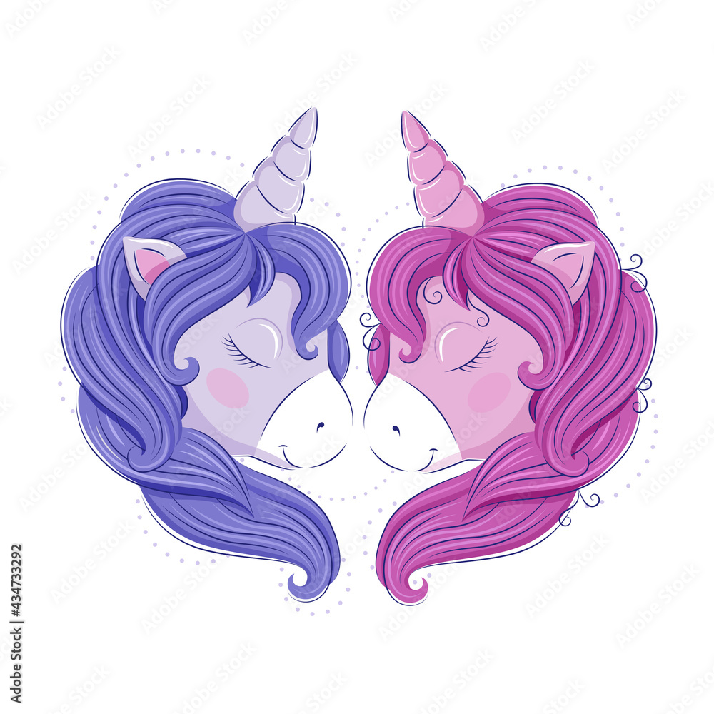 A pair of cute unicorns in the form of a heart. Blue and pink, boy and girl. Vector graphics. EPS10 format. A pair of cute unicorns in the form of a heart. Blue and pink, boy and girl. Vector graphics. EPS10 format.
