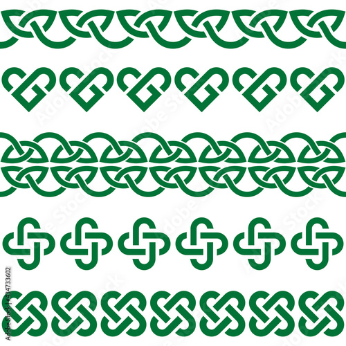 Irish Celtic vector green knots and braids - seamless patterns collection, border and frame design, perfect for greeting cards, St Patrick's Day celebration
