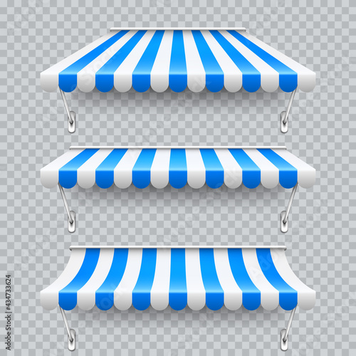 Shop sunshade with metal mount. Realistic blue striped cafe awning. Outdoor market tent. Roof canopy. Summer street store. Vector illustration.