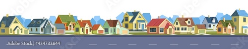 Fototapeta Naklejka Na Ścianę i Meble -  Street in a cheerful cartoon flat style. Asphalt road. A village or a small rural town. Small houses. Small cozy suburban cottages with gable roofs. Isolated Vector.