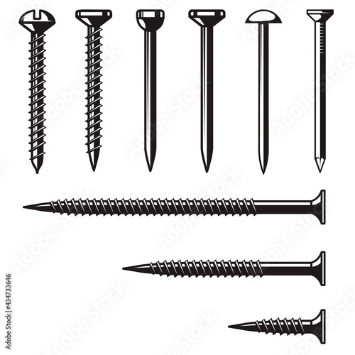 Set of illustrations of screws. Design element for logo, label, sign, emblem, banner. Vector illustration