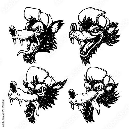 Set of illustrations of cartoon wolf in baseball hat. Design element for logo, label, sign, emblem, banner. Vector illustration