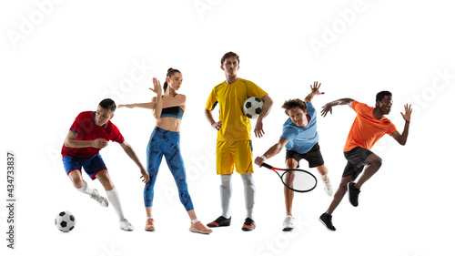 Tableau sur toile Collage of different professional sportsmen, fit people in action and motion isolated on white background