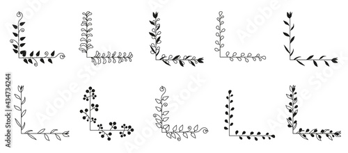 Vintage corner border frame collection. Floral design elements for wedding, postcard, decorative elements. Flower and leaves thin line icon isolated on navy blue. Retro frames set. Vector illustration