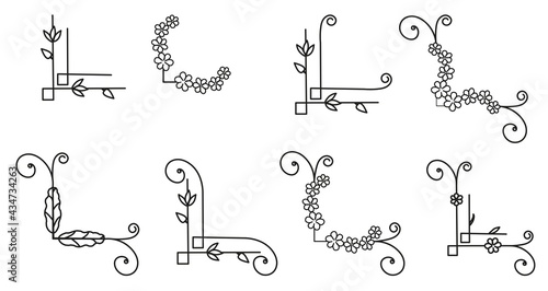 Set of floral corners, borders or frame elements isolated on white background. Linear decorative corner set. Vintage thin line design elements vector illustration. Vintage frame kit with flourishes