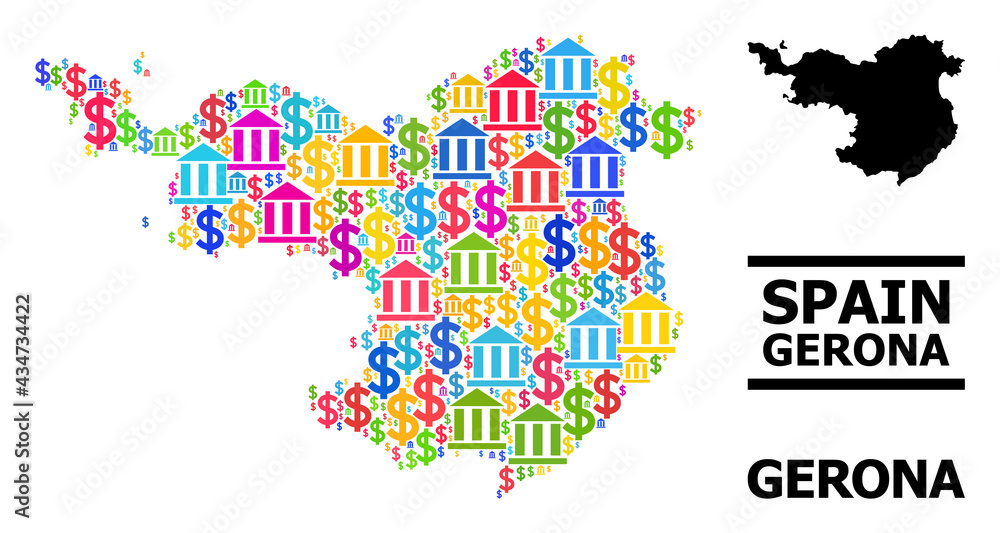 Colorful bank and dollar mosaic and solid map of Gerona Province. Map of Gerona Province vector mosaic for geographic campaigns and purposes. Colorful bank and dollar mosaic and solid map of Gerona Province. Map of Gerona Province vector mosaic for geographic campaigns and purposes.