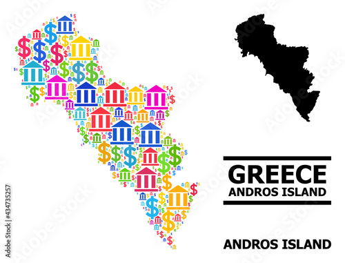 Bright colored bank and dollar mosaic and solid map of Greece - Andros Island. Map of Greece - Andros Island vector mosaic for geographic campaigns and agitation.