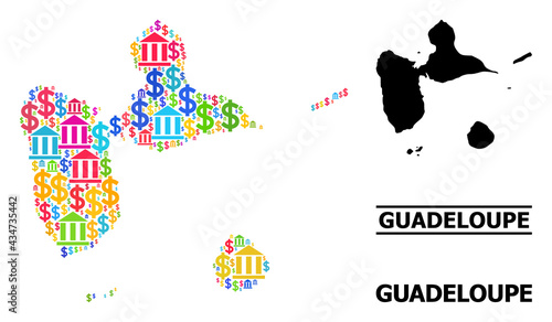Colorful bank and business mosaic and solid map of Guadeloupe. Map of Guadeloupe vector mosaic for geographic campaigns and posters. Map of Guadeloupe is formed from colorful bank and dollar items.