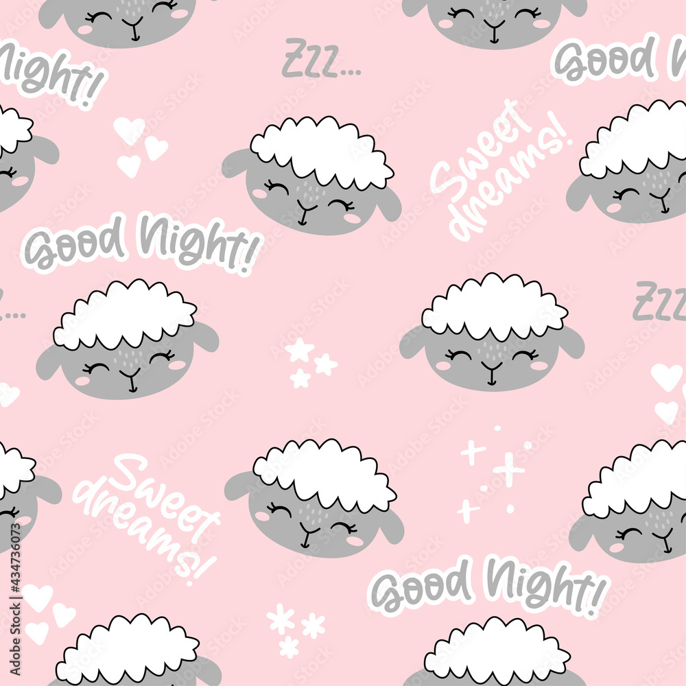 Little lamb, sheep pattern. Good night, sweet dreams - funny hand drawn doodle, seamless pattern. Lettering poster or t-shirt textile graphic design.  wallpaper, wrapping paper, background.