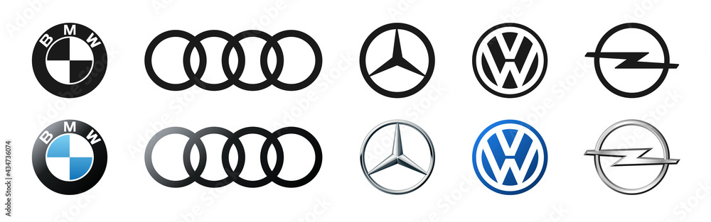 German cars logo company set: BMW, Audi, Mercedes, Volkswagen, Opel.  Isolated Germany car emblem on white background. Editorial illustration.  Stock Vector