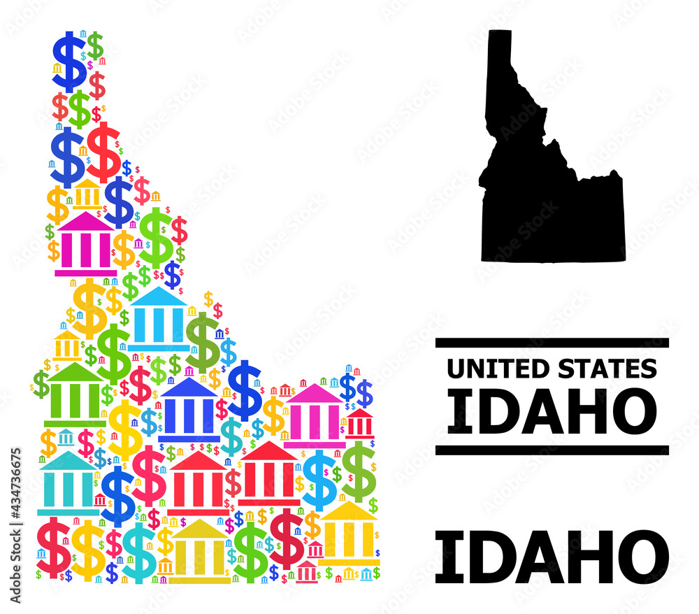 Bright colored bank and business mosaic and solid map of Idaho State. Map of Idaho State vector mosaic for GDP campaigns and promotion.