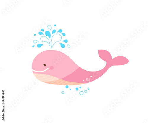 Cute happy pink whale. Vector illustration of a pink whale releasing a fountain of water.