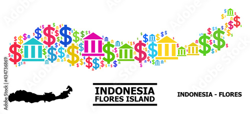Bright colored finance and money mosaic and solid map of Indonesia - Flores Island. Map of Indonesia - Flores Island vector mosaic for geographic campaigns and propaganda.