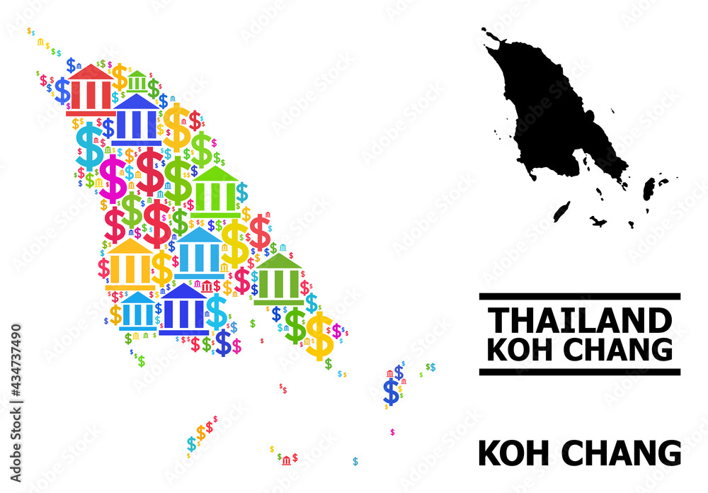 Colorful bank and dollar mosaic and solid map of Koh Chang. Map of Koh Chang vector mosaic for advertisement campaigns and agitation. Map of Koh Chang is created with colorful bank and dollar icons.