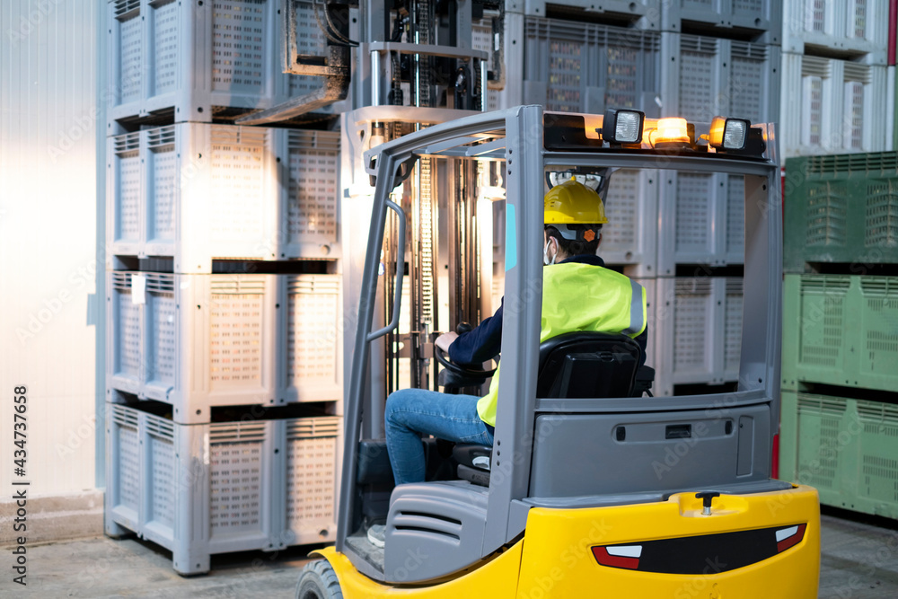 The forklift places the full boxes in the warehouse in the background. The forklift places the full boxes in the warehouse in the background.