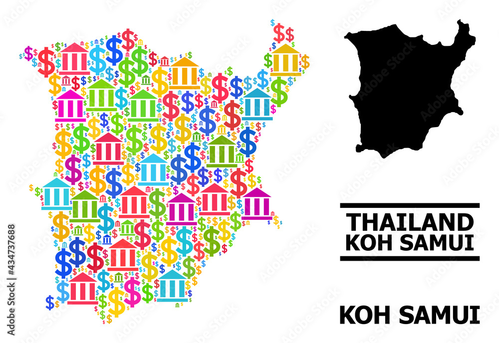 Bright colored bank and economics mosaic and solid map of Koh Samui. Map of Koh Samui vector mosaic for ads campaigns and projects.