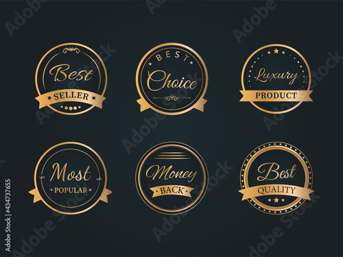 Set Of Six Golden Label, Tags Or Stickers, Badge Design On Black Background For Advertising.
