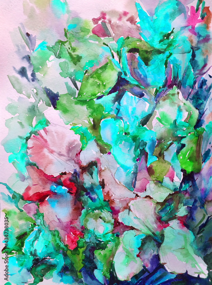 Abstract bright colored decorative background . Floral pattern handmade . Beautiful tender romantic bouquet of wild flowers , made in the technique of watercolors from nature.