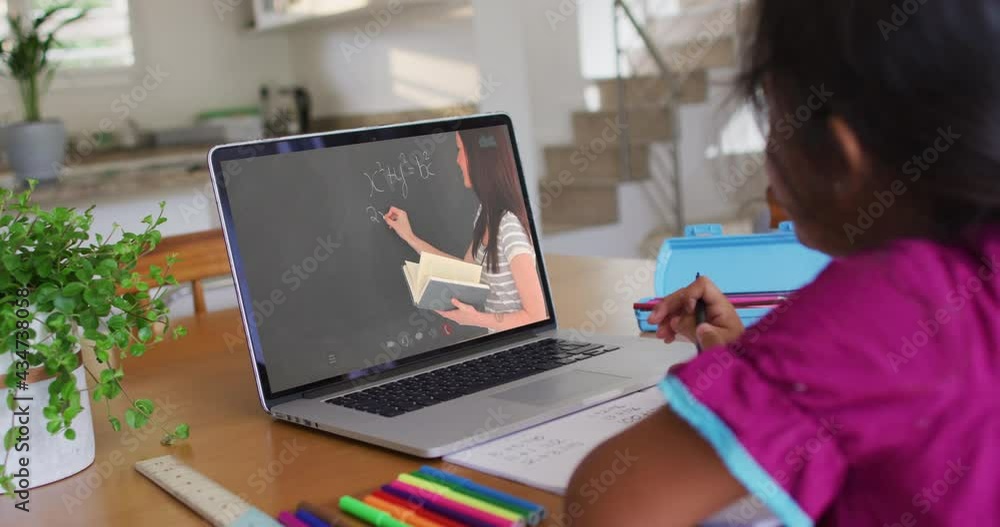 African american girl doing homework while having a video call on laptop at home African american girl doing homework while having a video call on laptop at home