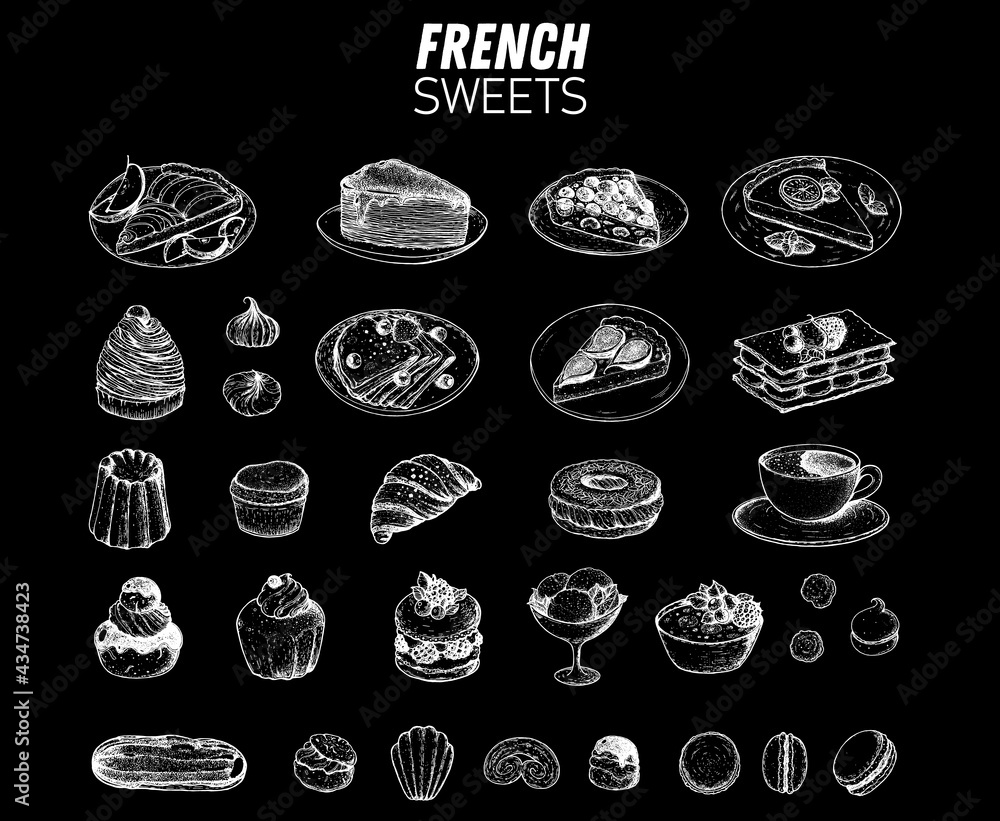 French desserts set with rum baba, palmier, chocolate religieuse