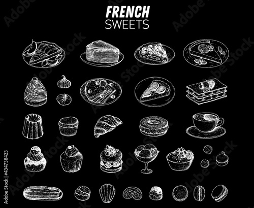 French desserts set with rum baba, palmier, chocolate religieuse, macaron, canele, mont blanc, profiterole creme brulee French cuisine. Food menu design template. Hand drawn sketch vector illustration