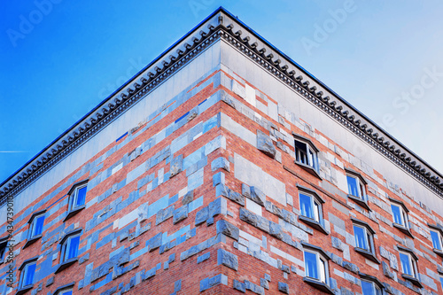 example of reconstruction and restoration of cultural objects after military destruction, stones of destroyed buildings are installed in the facades of new buildings © Alevtina